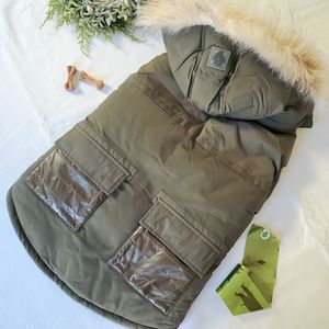 Pajar Pup Zeus Jacket for Dogs W/Faux Fur Trim Military Green Large Winter Coat
